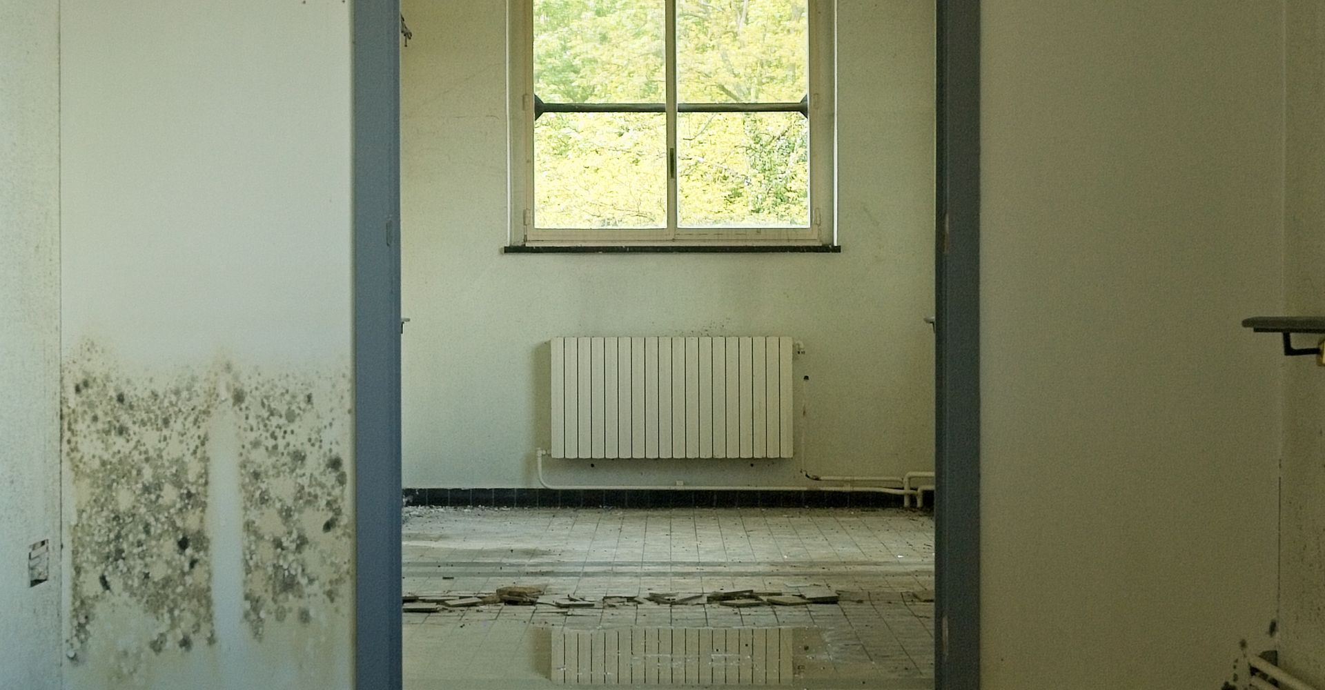 Water-damaged interior with standing water on the floor